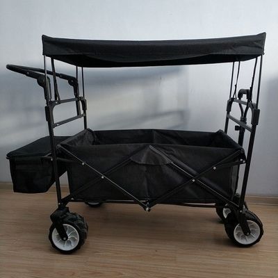 عربة شاطئ سوداء قابلة للطي 600D قابلة للطي مع غطاء ومقبض دفع